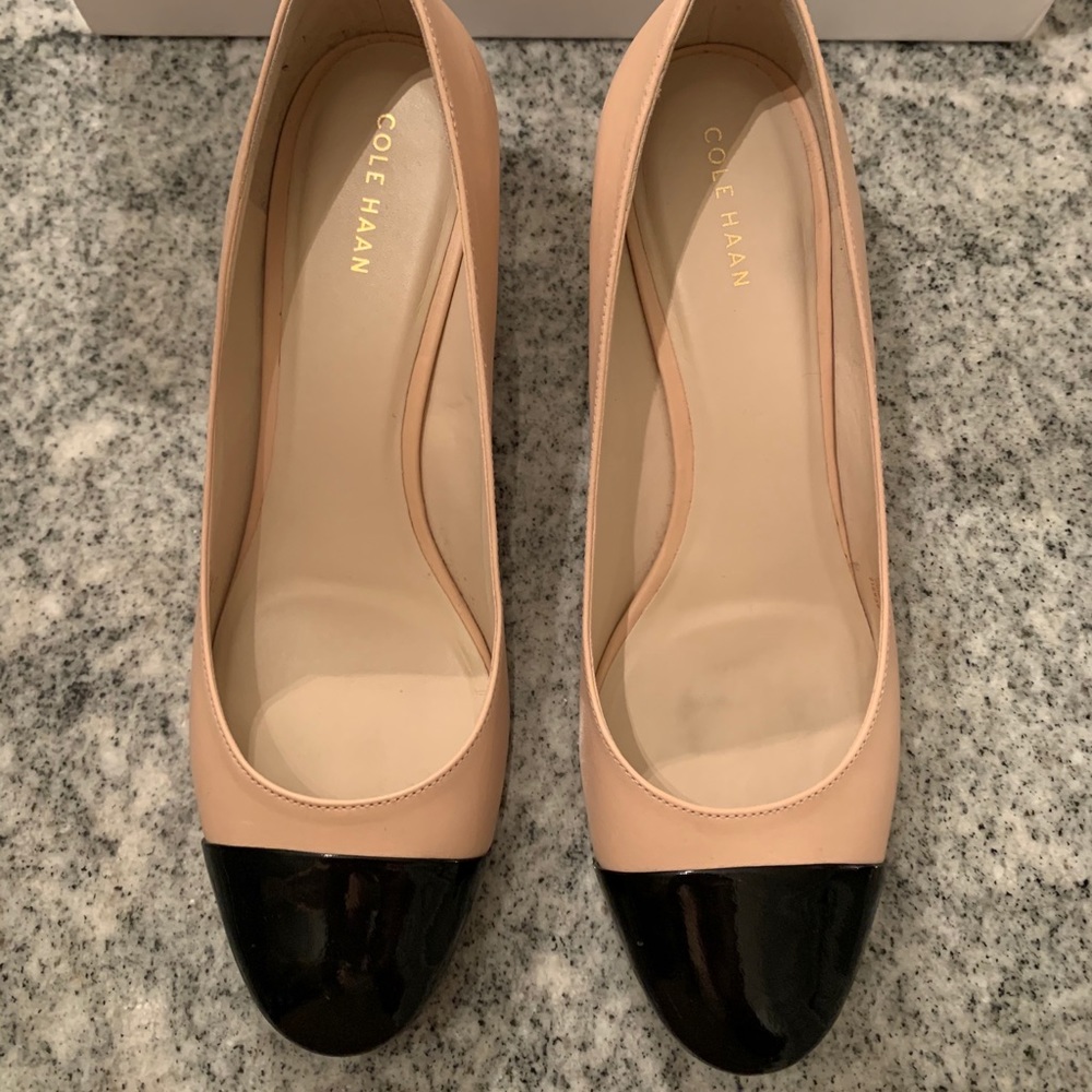 Cole Haan “cap toe nude & black heels”